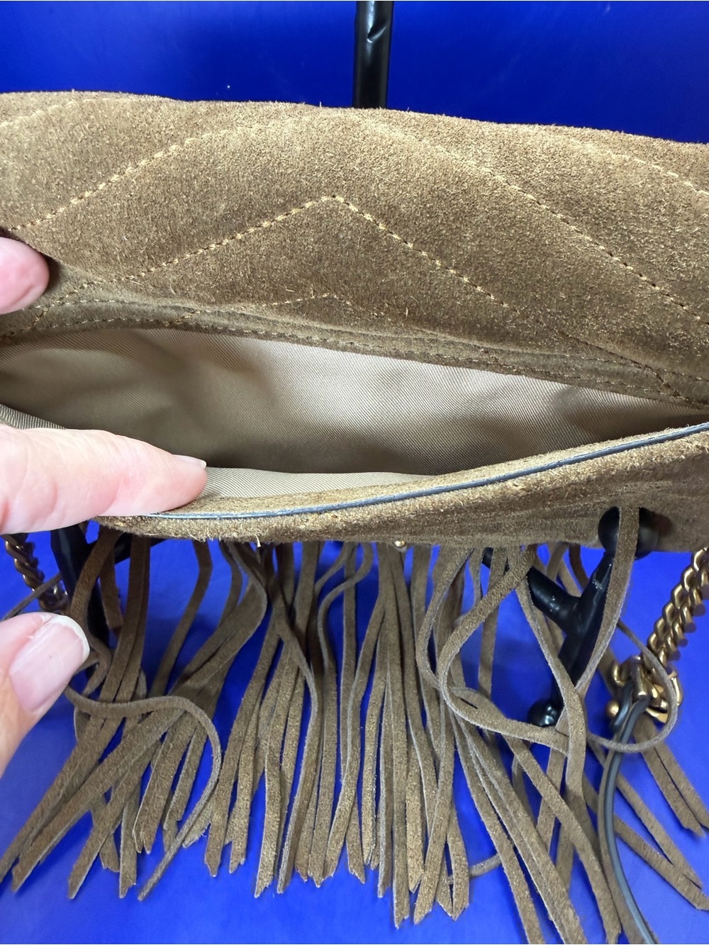 Brown Suede Rebecca Minkoff Edie Fringe Bag featuring Chevron Quilting & Fringe - Picture 6 of 10